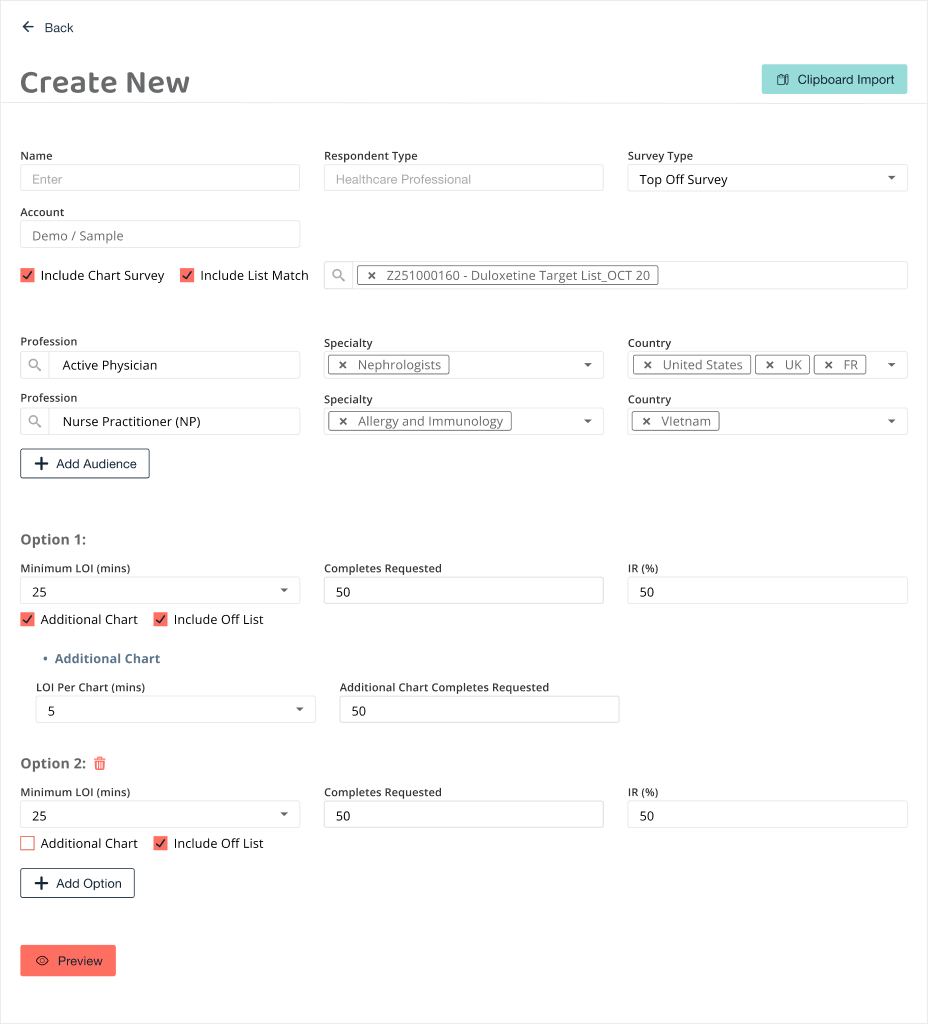 Create New: study types, audiences and options