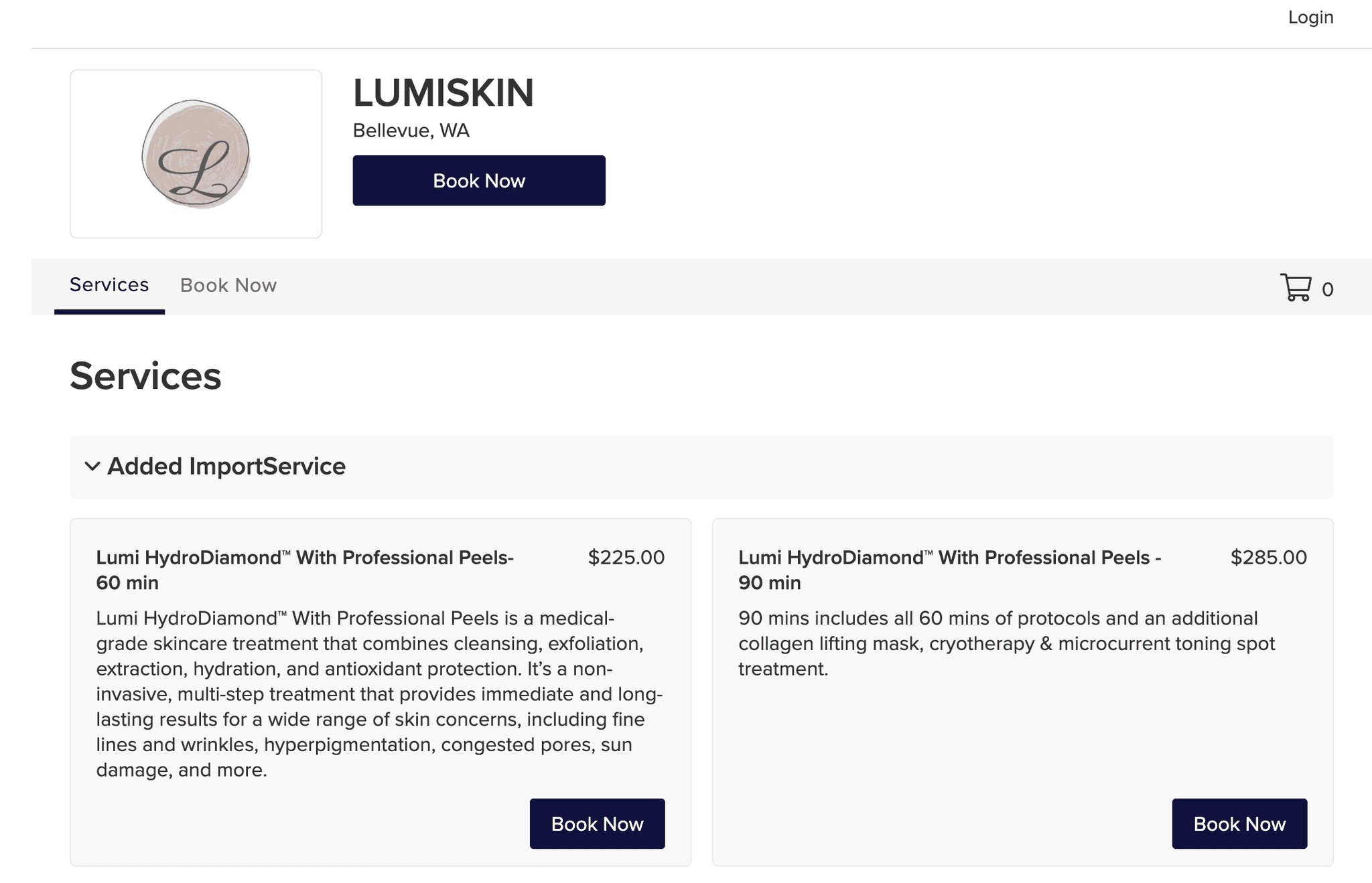 Booking flow — service selection